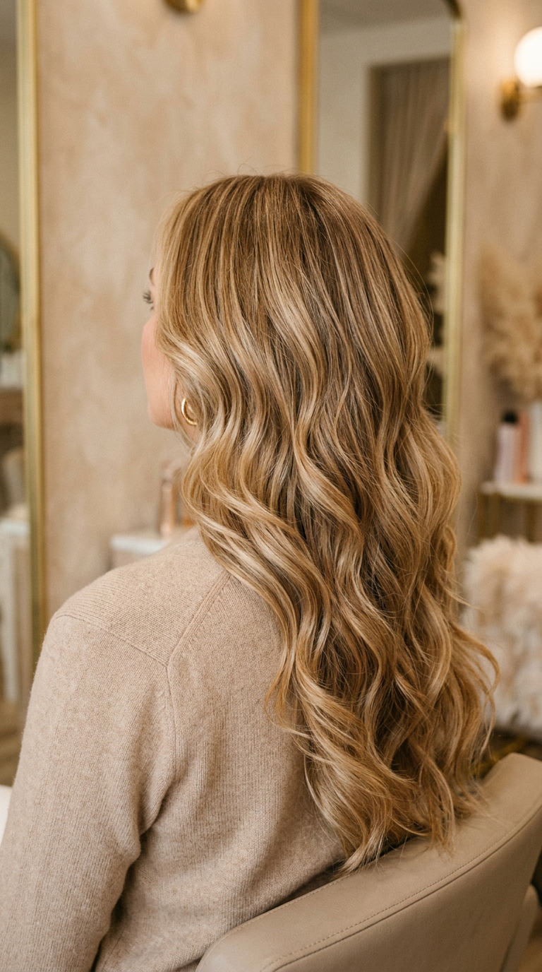 Honey blonde balayage seen from behind
