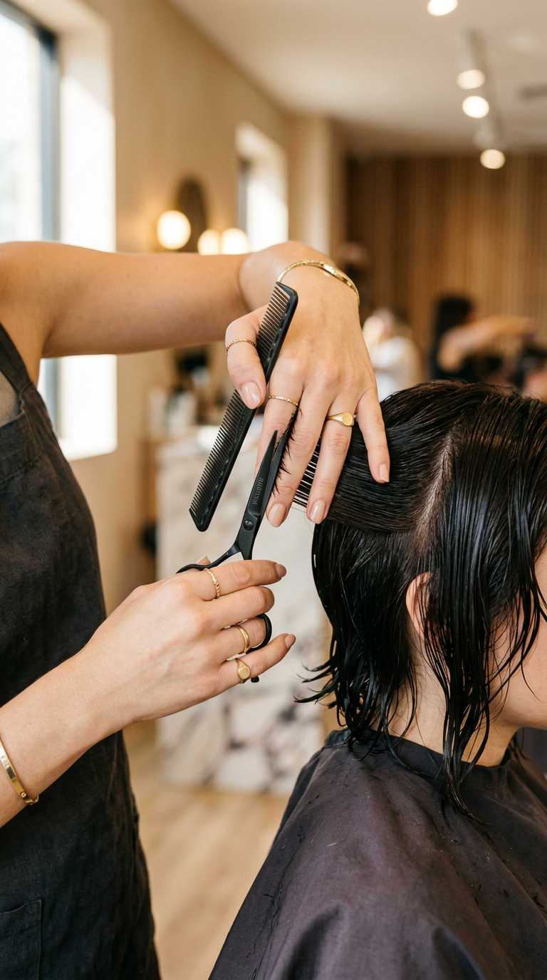 Stylist precision cutting dark glossy hair with scissors and comb