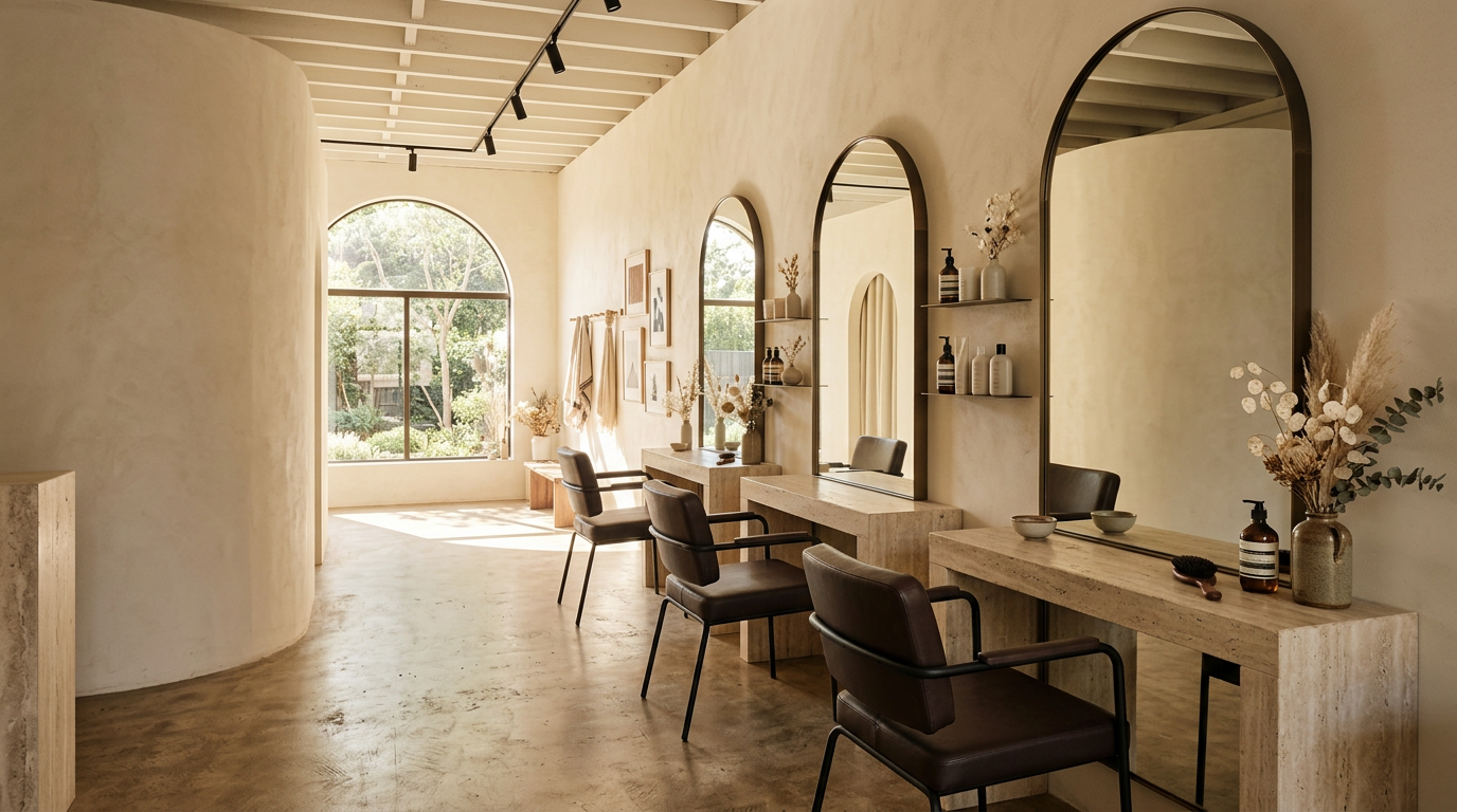Atelier interior with arched mirrors, travertine stations and espresso leather chairs